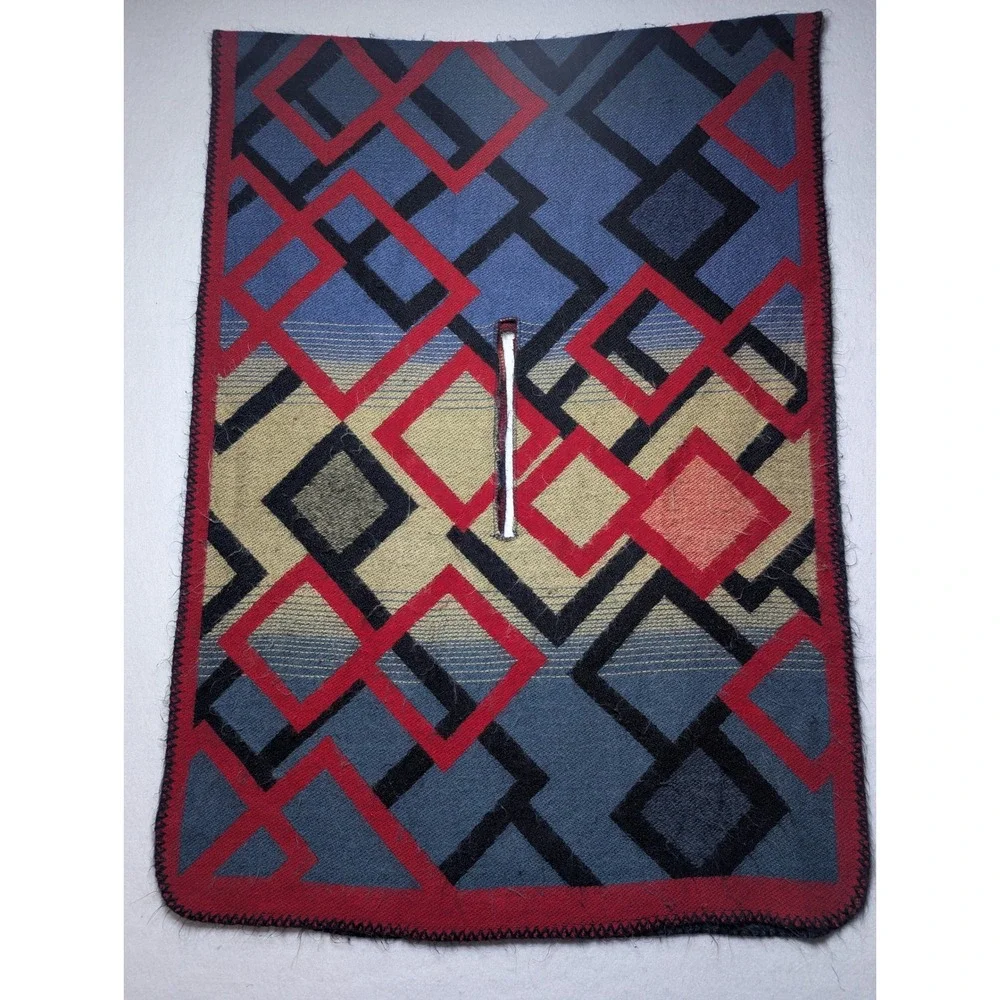 Geometric Wool-Blend‎ Scarf Poncho Wrap Reversible Red Blue Tan